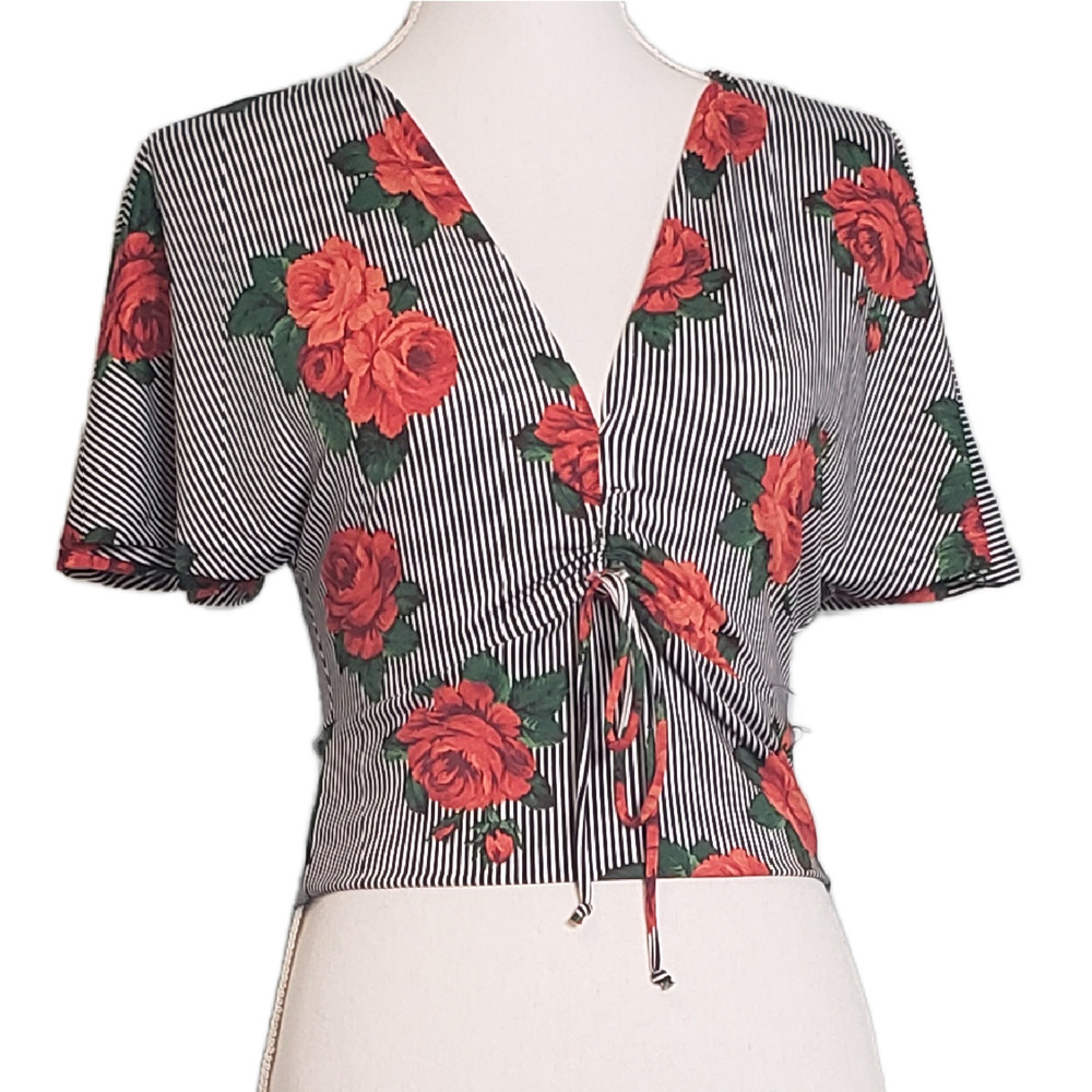 Polly & Esther Black and White Striped Rose Print Crop Top